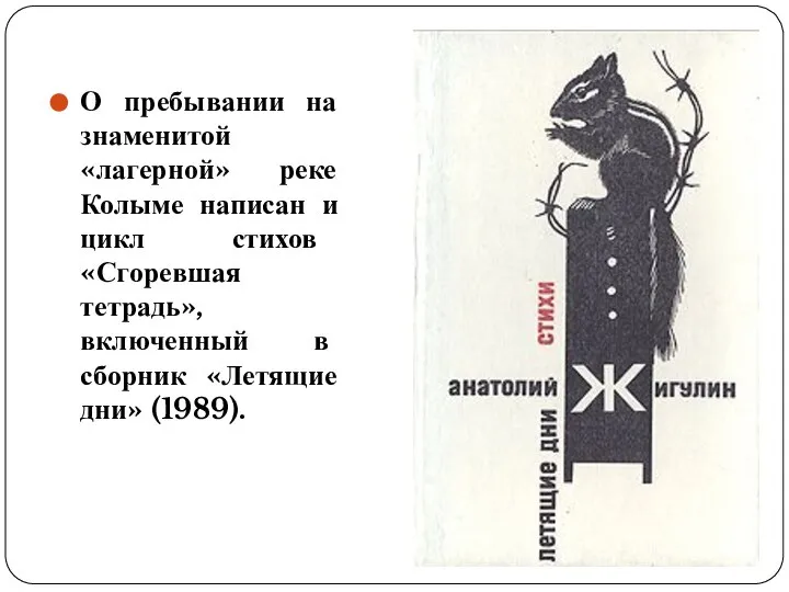 О пребывании на знаменитой «лагерной» реке Колыме написан и цикл стихов «Сгоревшая