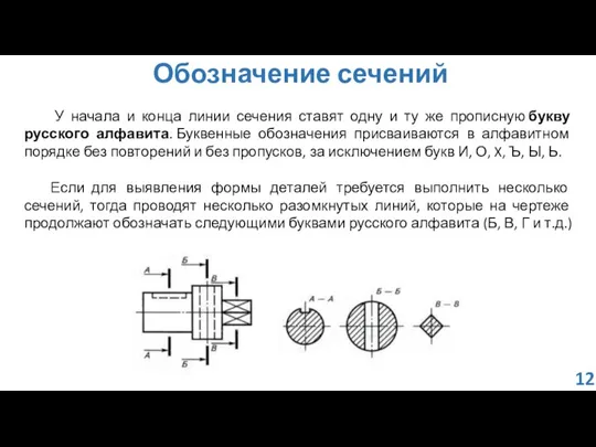 Обозначение сечений У начала и конца линии сечения ставят одну и ту