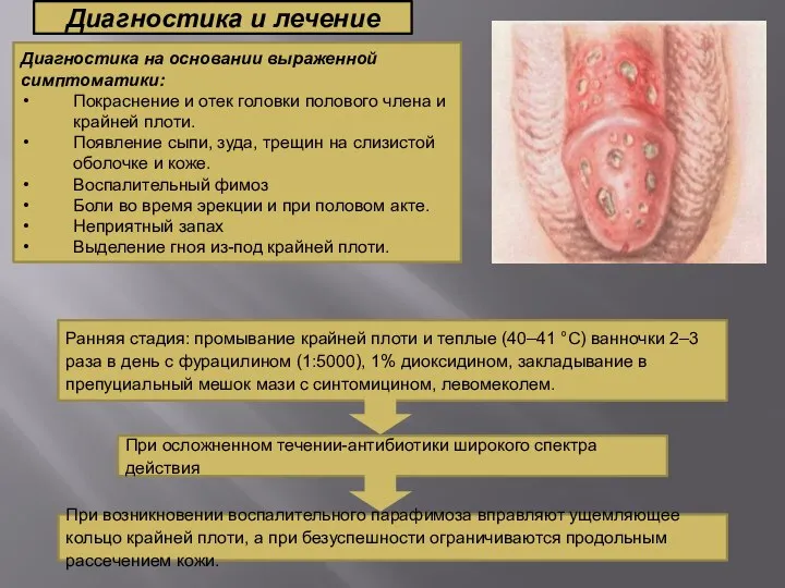 Диагностика и лечение Диагностика на основании выраженной симптоматики: Покраснение и отек головки