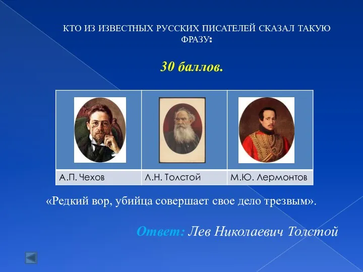 30 баллов. «Редкий вор, убийца совершает свое дело трезвым». Ответ: Лев Николаевич