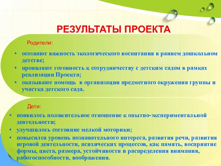 РЕЗУЛЬТАТЫ ПРОЕКТА осознают важность экологического воспитания в раннем дошкольном детстве; проявляют готовность