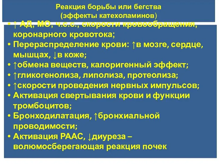 Реакция борьбы или бегства (эффекты катехоламинов) ↑ АД, МО, ч.с.с., скорости кровообращения,