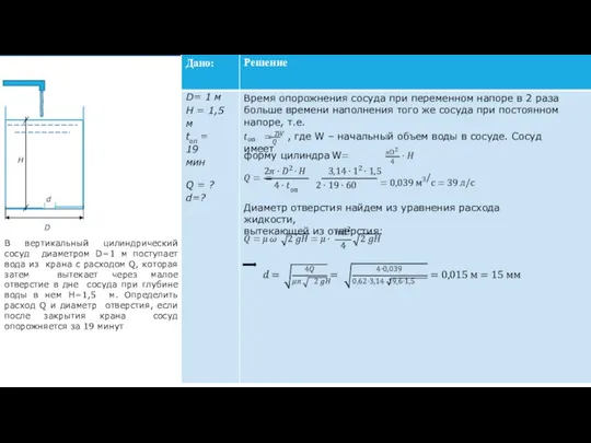 H d D В вертикальный цилиндрический сосуд диаметром D=1 м поступает вода
