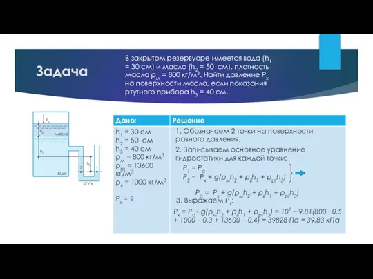 Задача В закрытом резервуаре имеется вода (h1 = 30 см) и масло
