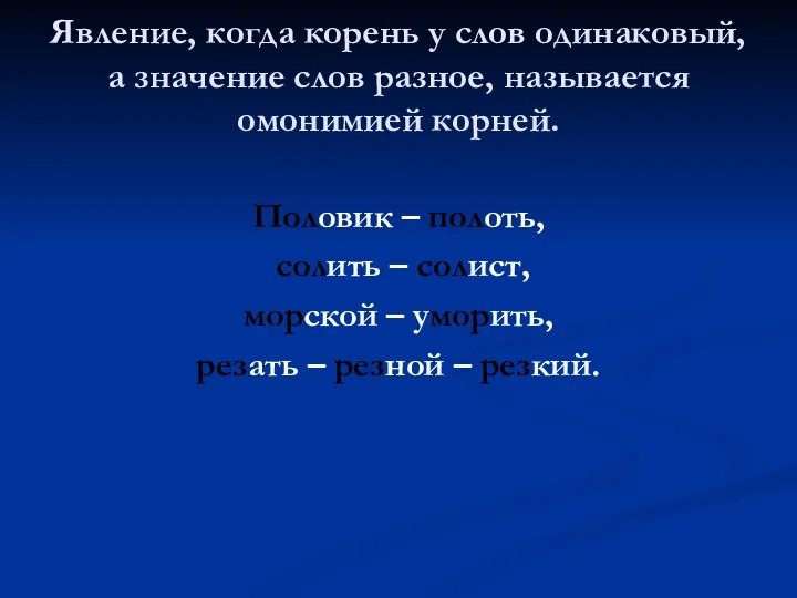 Явление, когда корень у слов одинаковый, а значение слов разное, называется омонимией