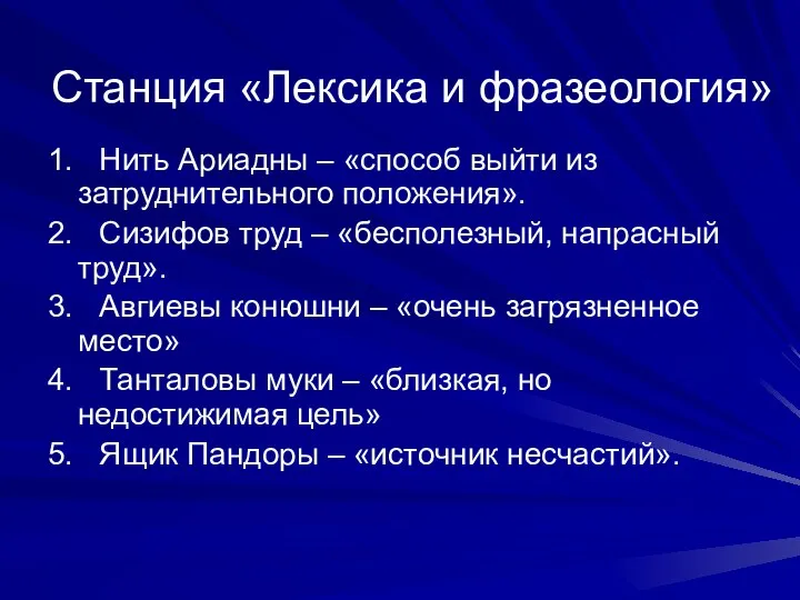 Станция «Лексика и фразеология» 1. Нить Ариадны – «способ выйти из затруднительного