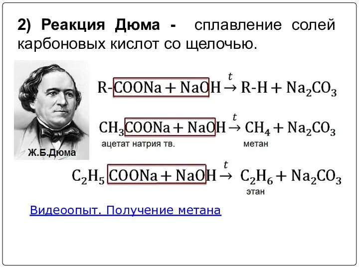 2) Реакция Дюма - сплавление солей карбоновых кислот со щелочью. Видеоопыт. Получение метана