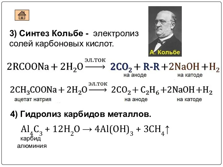 3) Синтез Кольбе - электролиз солей карбоновых кислот. 4) Гидролиз карбидов металлов.