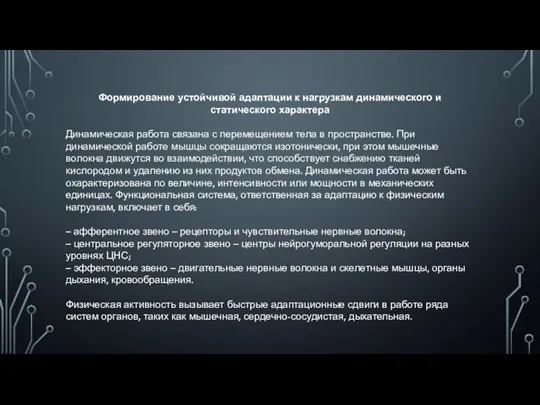 Формирование устойчивой адаптации к нагрузкам динамического и статического характера Динамическая работа связана