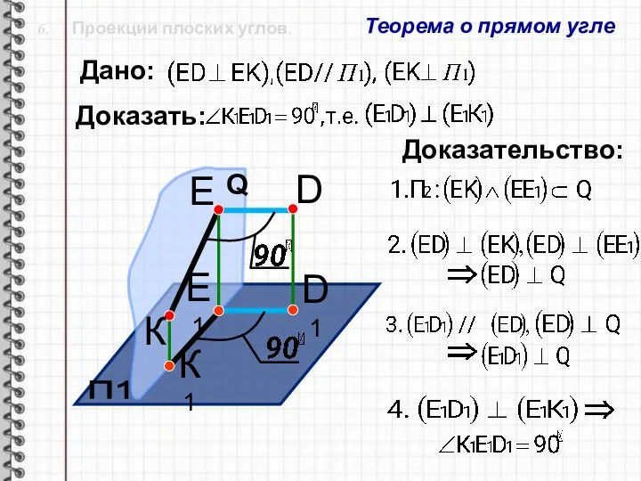 6. Проекции плоских углов. Теорема о прямом угле П1 D1 D К1