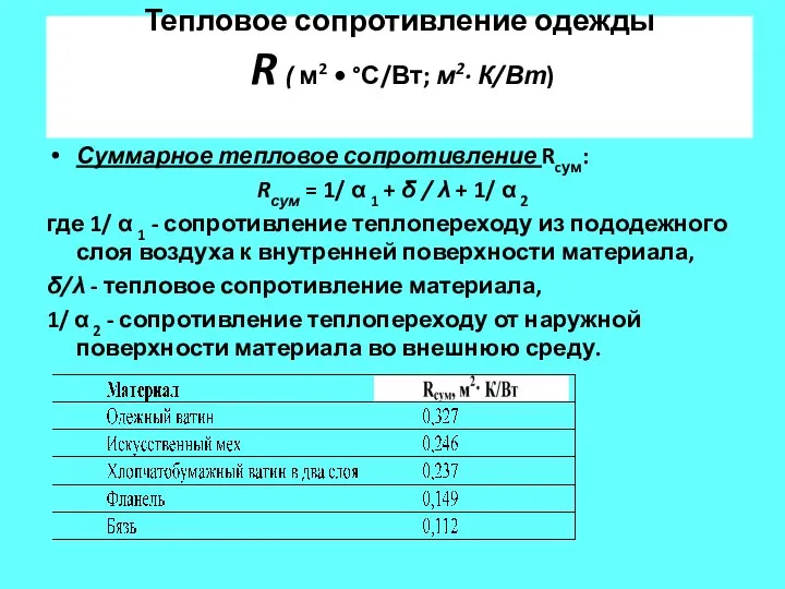 Тепловое сопротивление одежды R ( м2 • °С/Вт; м2· К/Вт) Суммарное тепловое