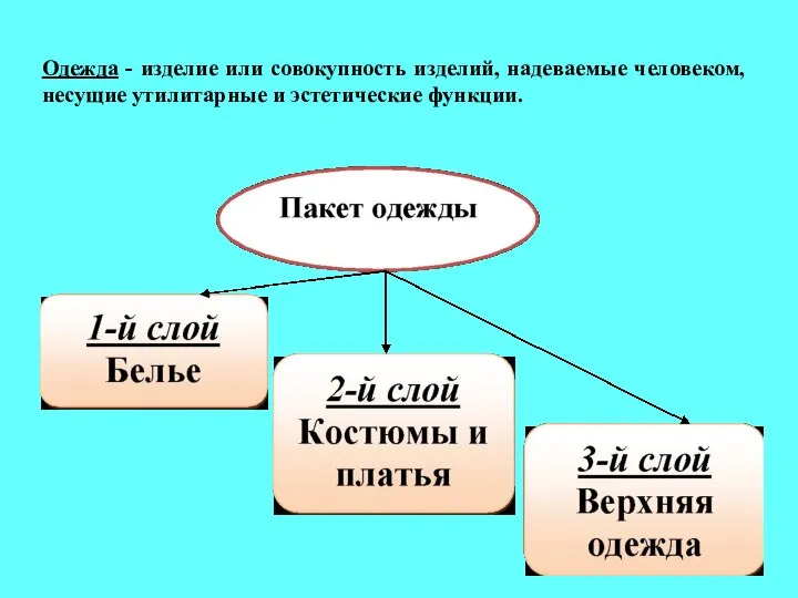 Одежда - изделие или совокупность изделий, надеваемые человеком, несущие утилитарные и эстетические функции.