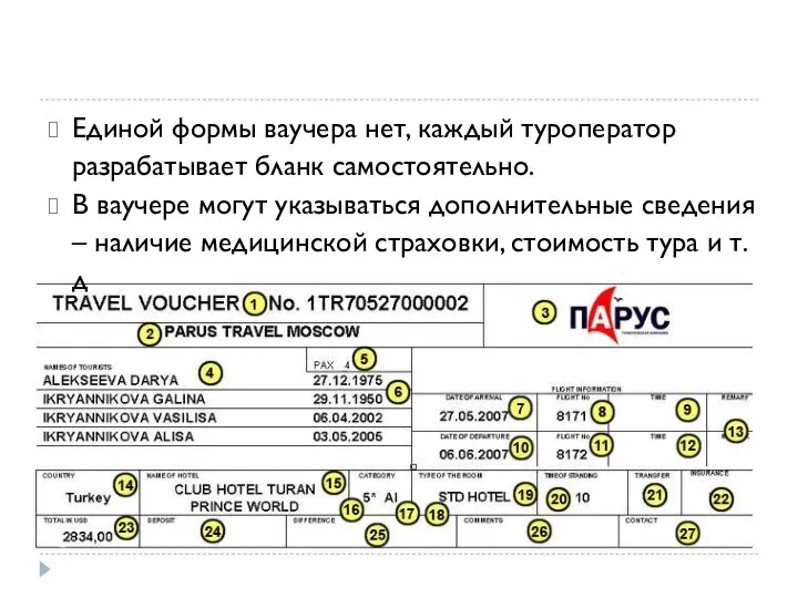 Единой формы ваучера нет, каждый туроператор разрабатывает бланк самостоятельно. В ваучере могут