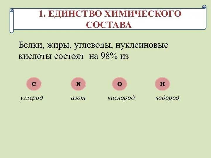 1. ЕДИНСТВО ХИМИЧЕСКОГО СОСТАВА Белки, жиры, углеводы, нуклеиновые кислоты состоят на 98%