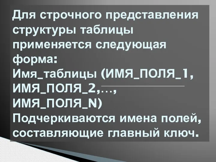 Для строчного представления структуры таблицы применяется следующая форма: Имя_таблицы (ИМЯ_ПОЛЯ_1, ИМЯ_ПОЛЯ_2,…, ИМЯ_ПОЛЯ_N)