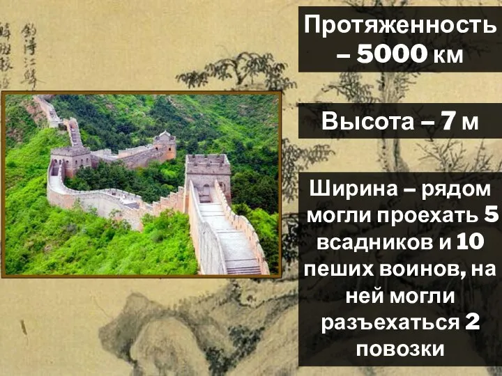 Протяженность – 5000 км Высота – 7 м Ширина – рядом могли