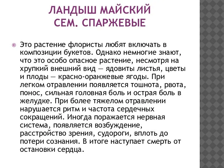 ЛАНДЫШ МАЙСКИЙ СЕМ. СПАРЖЕВЫЕ Это растение флористы любят включать в композиции букетов.