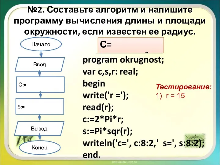 №2. Составьте алгоритм и напишите программу вычисления длины и площади окружности, если