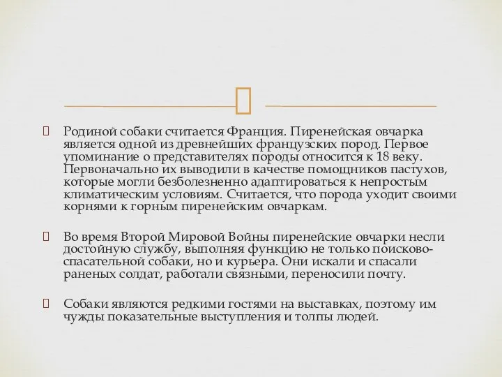 Родиной собаки считается Франция. Пиренейская овчарка является одной из древнейших французских пород.