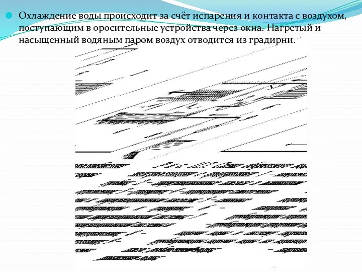 Охлаждение воды происходит за счёт испарения и контакта с воздухом, поступающим в