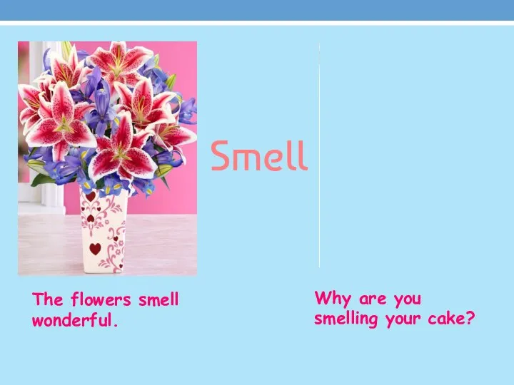 Smell The flowers smell wonderful. Why are you smelling your cake?