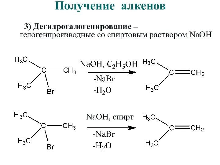 Получение алкенов 3) Дегидрогалогенирование – гелогенпроизводные со спиртовым раствором NaOH NaOH, спирт