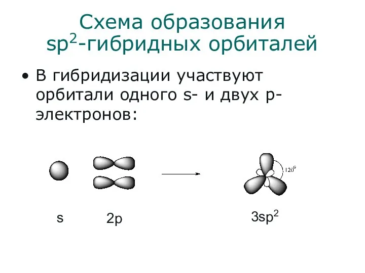 Схема образования sp2-гибридных орбиталей В гибридизации участвуют орбитали одного s- и двух p-электронов: s 2p 3sp2