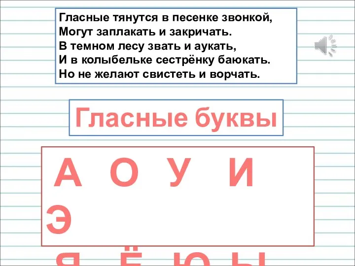 Гласные тянутся в песенке звонкой, Могут заплакать и закричать. В темном лесу