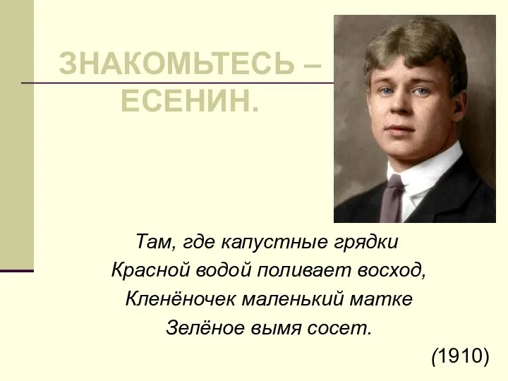 Там, где капустные грядки Красной водой поливает восход, Кленёночек маленький матке Зелёное