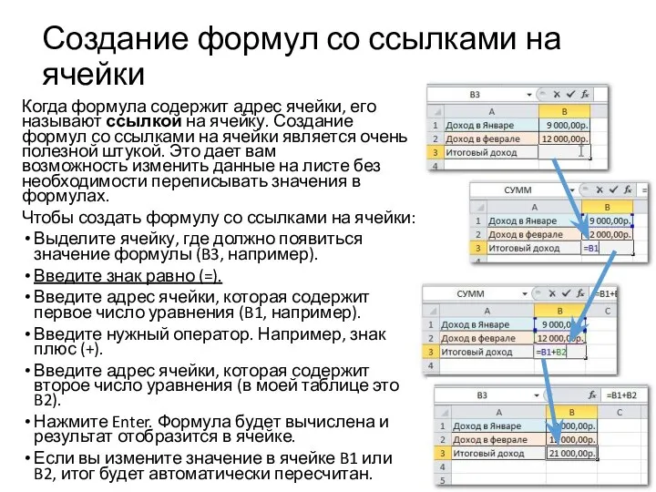 Создание формул со ссылками на ячейки Когда формула содержит адрес ячейки, его