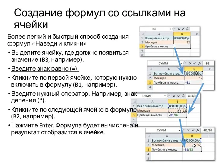 Создание формул со ссылками на ячейки Более легкий и быстрый способ создания