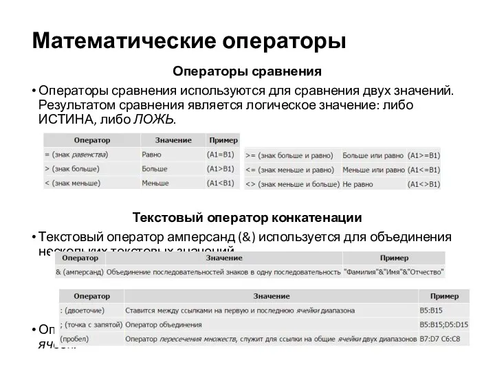 Математические операторы Операторы сравнения Операторы сравнения используются для сравнения двух значений. Результатом