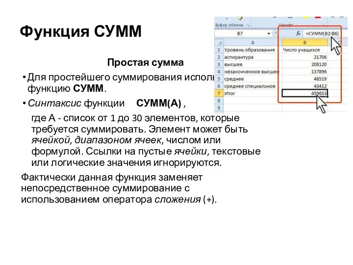 Функция СУММ Простая сумма Для простейшего суммирования используют функцию СУММ. Синтаксис функции