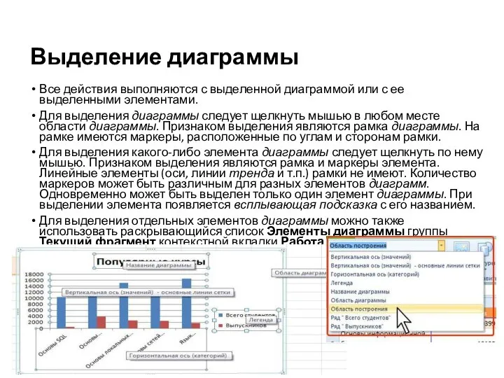 Выделение диаграммы Все действия выполняются с выделенной диаграммой или с ее выделенными