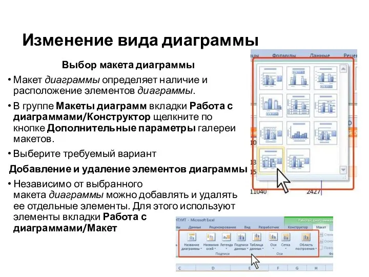 Изменение вида диаграммы Выбор макета диаграммы Макет диаграммы определяет наличие и расположение