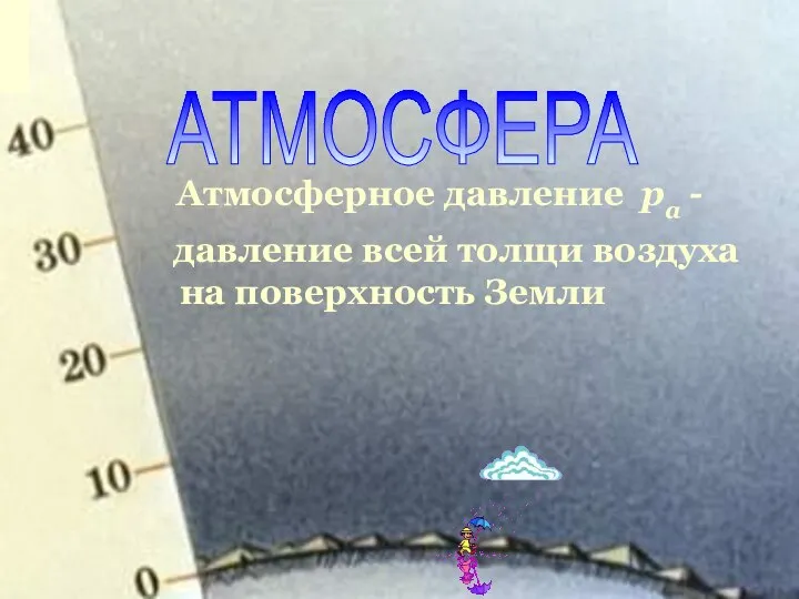 АТМОСФЕРА Атмосферное давление ра - давление всей толщи воздуха на поверхность Земли