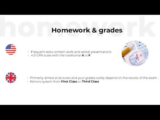 homework Homework & grades Frequent tests, written work and verbal presentations 4.0