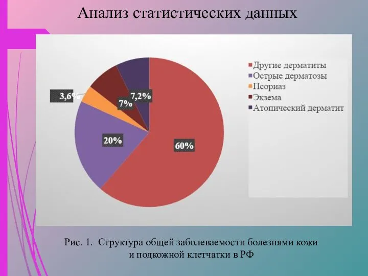 Рис. 1. Структура общей заболеваемости болезнями кожи и подкожной клетчатки в РФ Анализ статистических данных