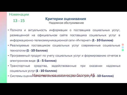 Критерии оценивания Номинации 13 - 15 Надомное обслуживание Полнота и актуальность информации