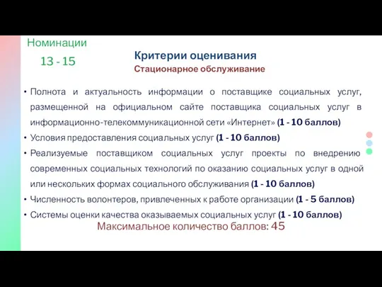 Критерии оценивания Номинации 13 - 15 Стационарное обслуживание Полнота и актуальность информации