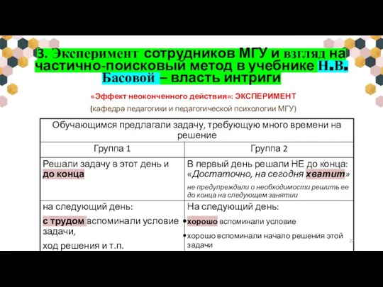 «Эффект неоконченного действия»: ЭКСПЕРИМЕНТ (кафедра педагогики и педагогической психологии МГУ) 3. Эксперимент