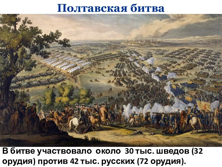 Полтавская битва В битве участвовало около 30 тыс. шведов (32 орудия) против