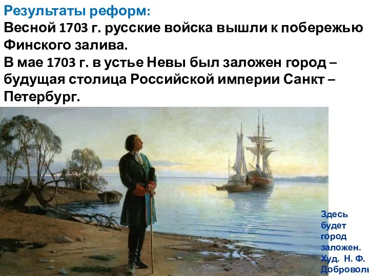 Результаты реформ: Весной 1703 г. русские войска вышли к побережью Финского залива.