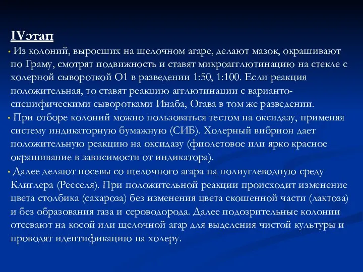 IVэтап Из колоний, выросших на щелочном агаре, делают мазок, окрашивают по Граму,