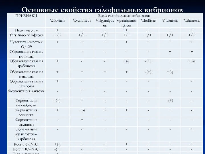 Основные свойства галофильных вибрионов .