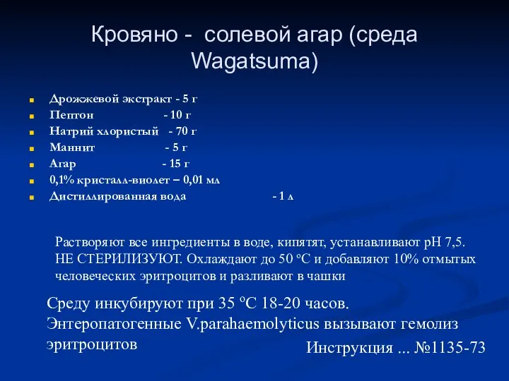 Кровяно - солевой агар (среда Wagatsuma) Дрожжевой экстракт - 5 г Пептон