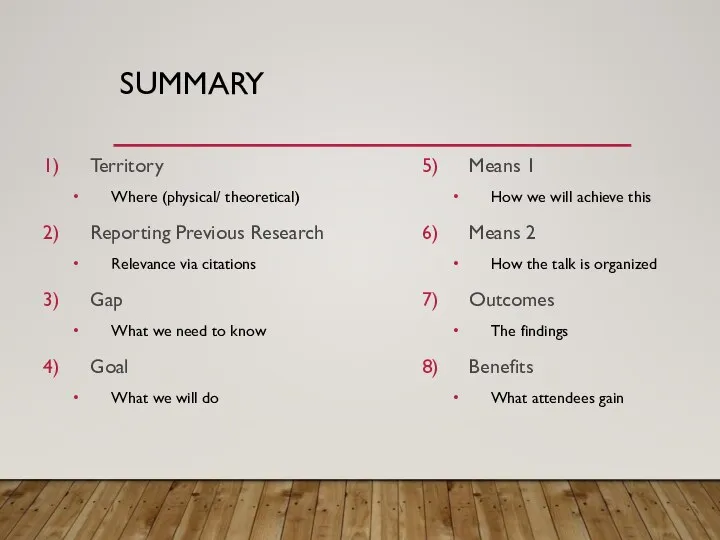 SUMMARY Territory Where (physical/ theoretical) Reporting Previous Research Relevance via citations Gap