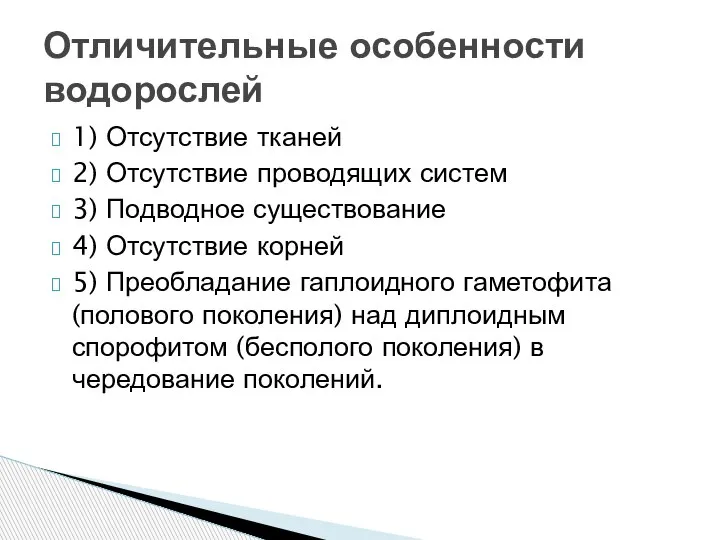 1) Отсутствие тканей 2) Отсутствие проводящих систем 3) Подводное существование 4) Отсутствие