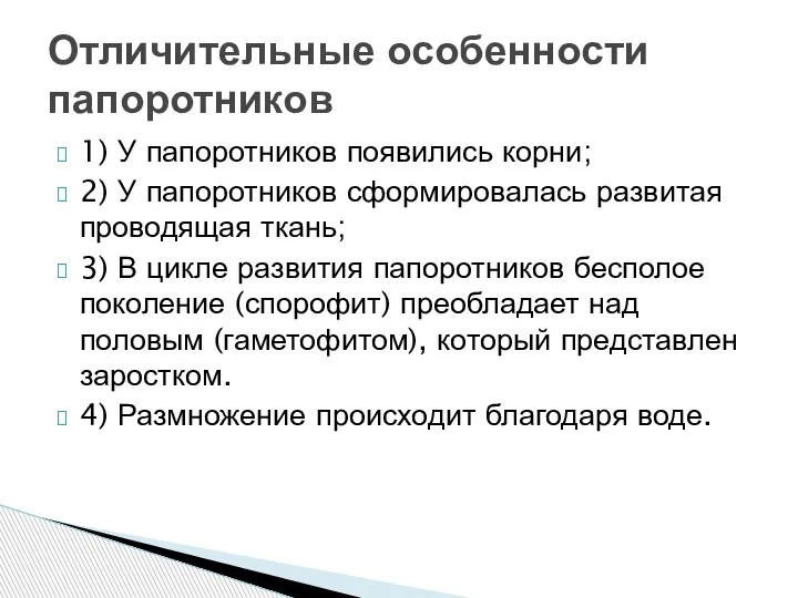 1) У папоротников появились корни; 2) У папоротников сформировалась развитая проводящая ткань;