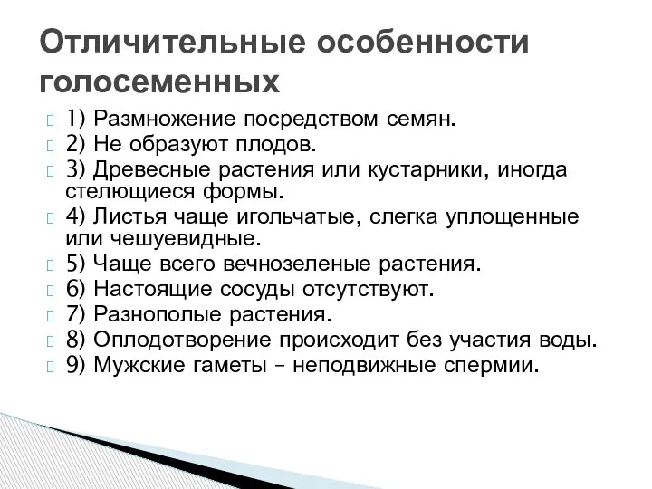 1) Размножение посредством семян. 2) Не образуют плодов. 3) Древесные растения или